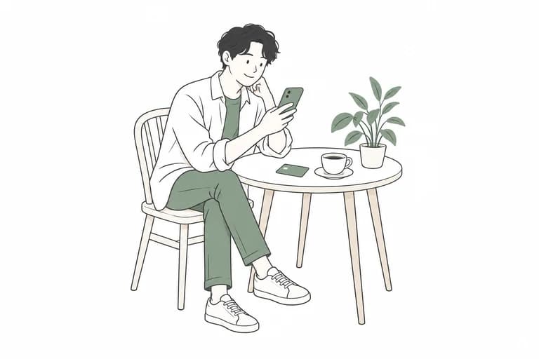 テーブルでスマートフォンを使う人のイラスト